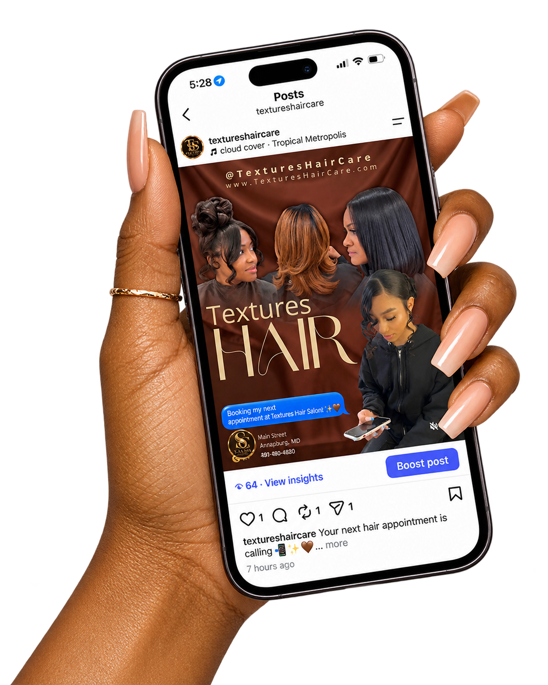 Hand holding a phone featuring TEXTURES Hair Salon on Instagram