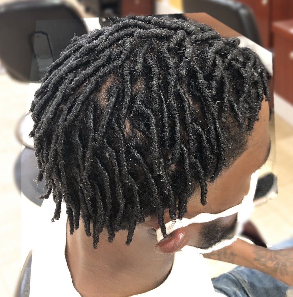 Short locs · back and side view on a client at TEXTURES Hair Salon