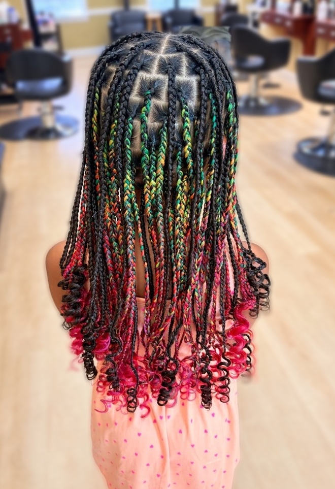Multicolored kids’ braids with curled ends by Jada