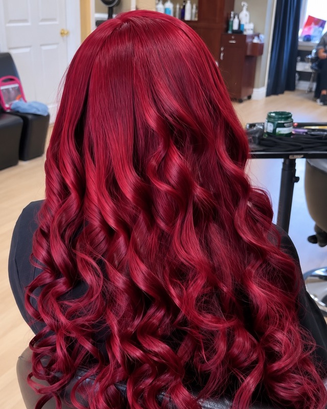 Long burgundy waves at TEXTURES Hair Salon