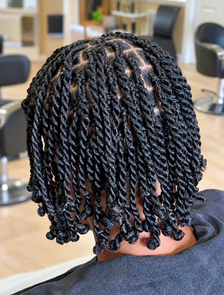 Neatly parted two-strand twists on a Textures client