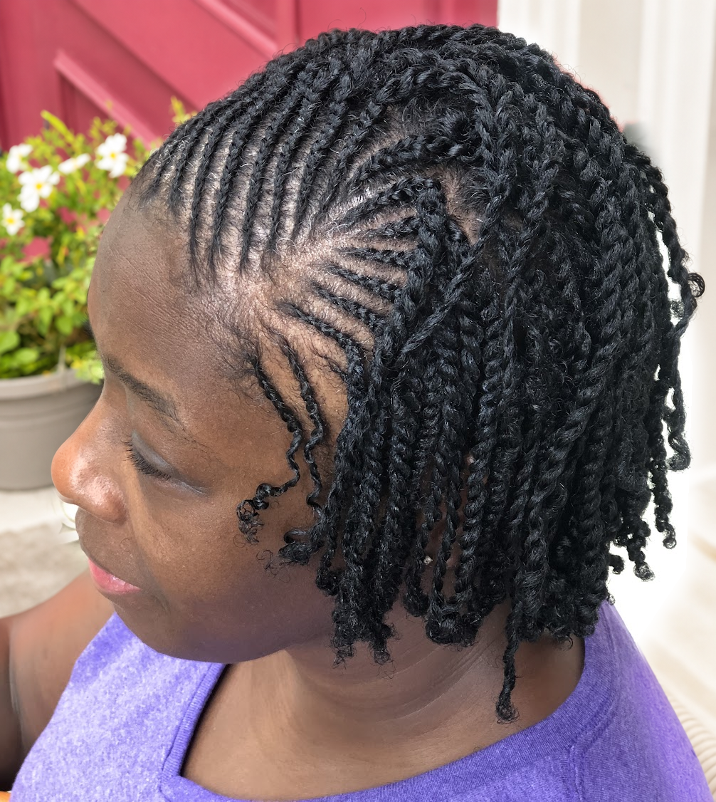 Short twists with curled ends at TEXTURES Hair Salon