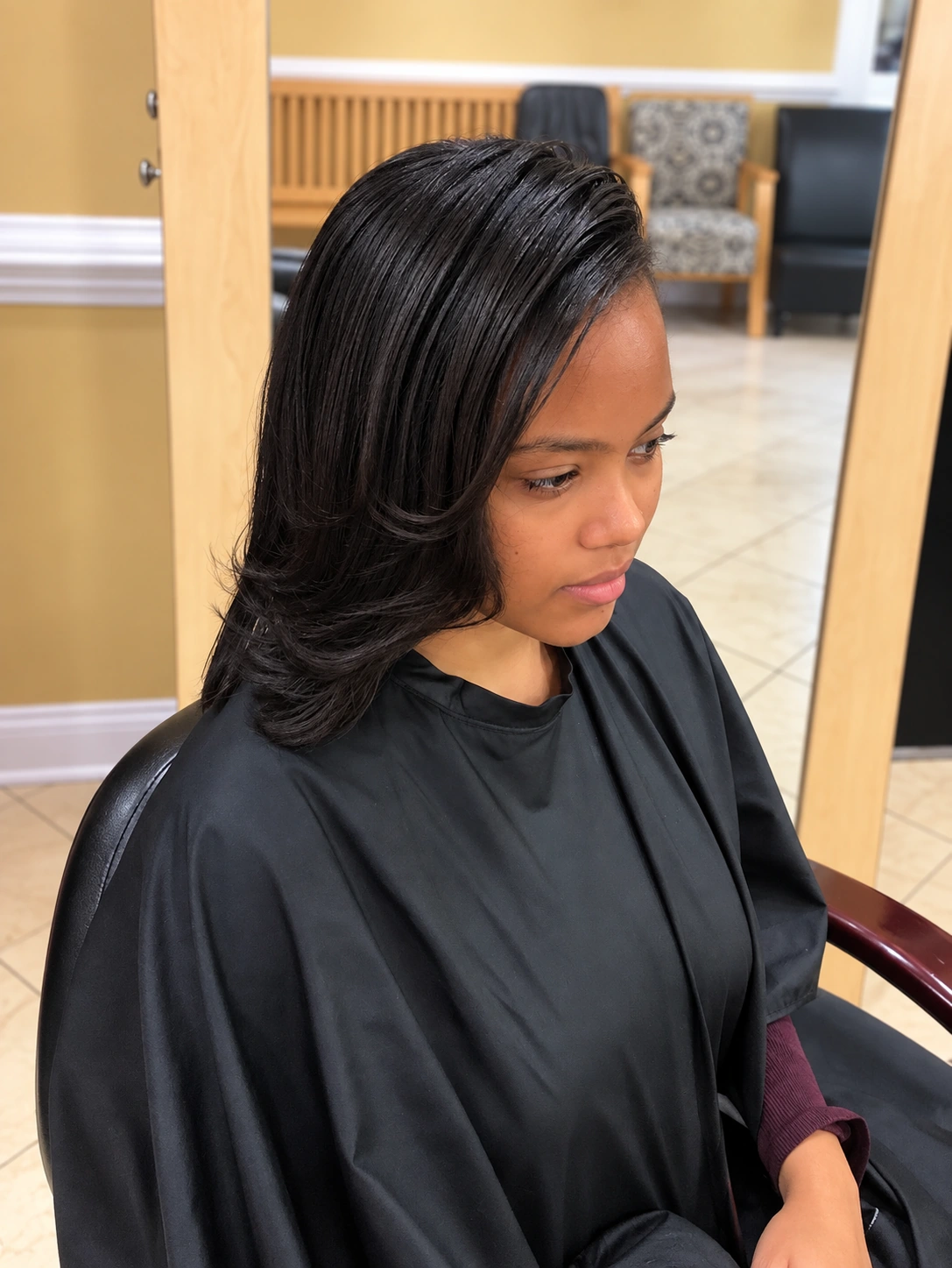 Layered Silk Press with Swept Ends