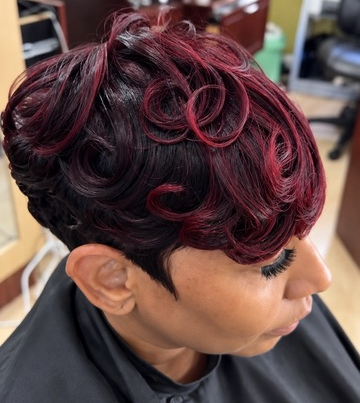 Burgundy sculpted curls at TEXTURES Hair Salon