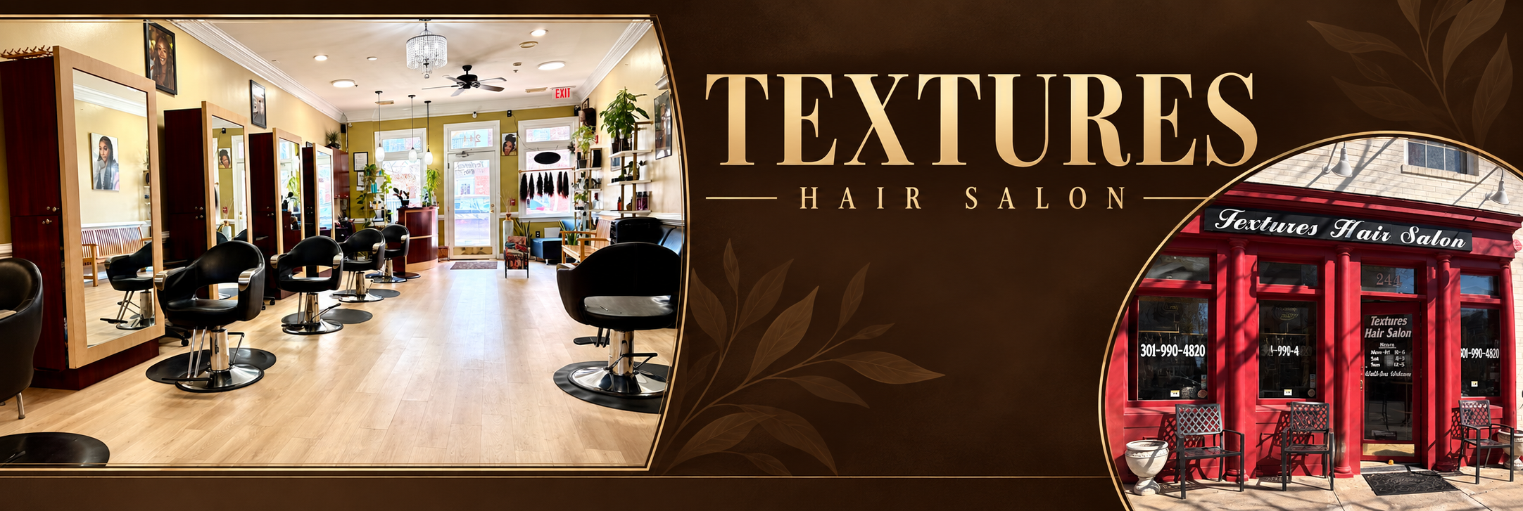 TEXTURES Hair Salon — salon interior and red storefront